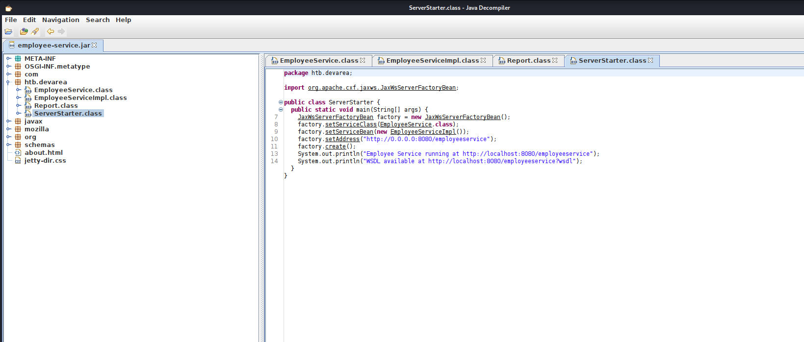 JD-GUI decompilation of employee-service.jar