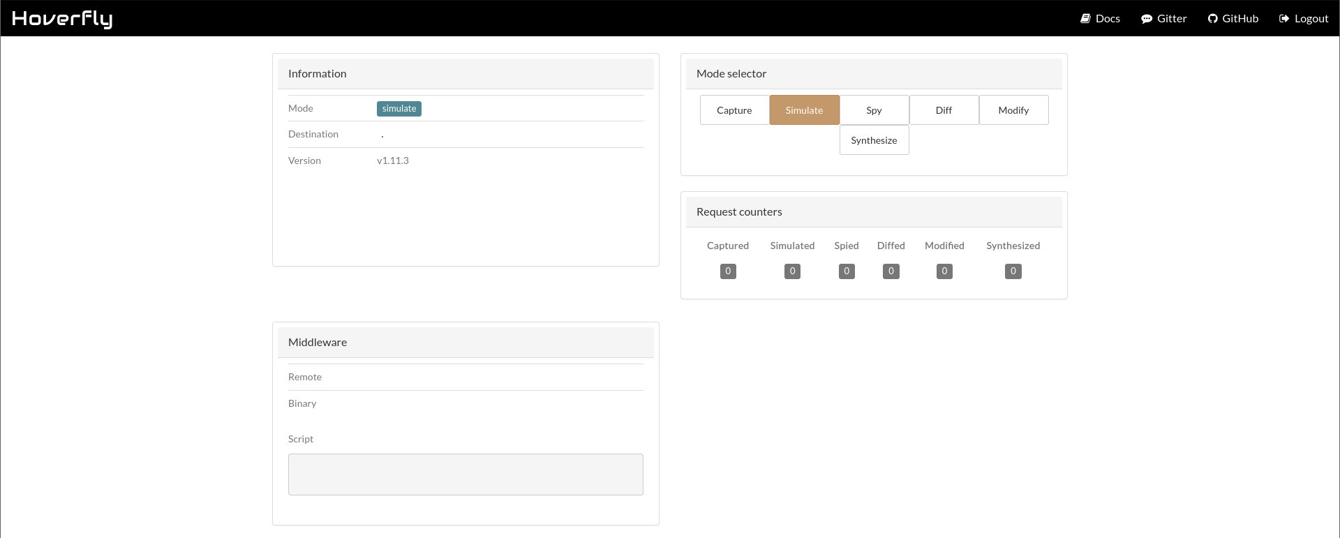 Hoverfly dashboard after authentication