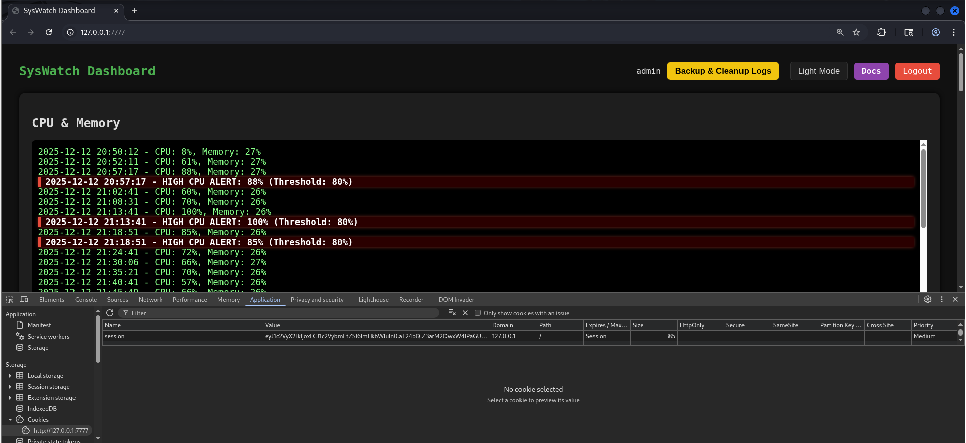 Authenticated SysWatch admin dashboard