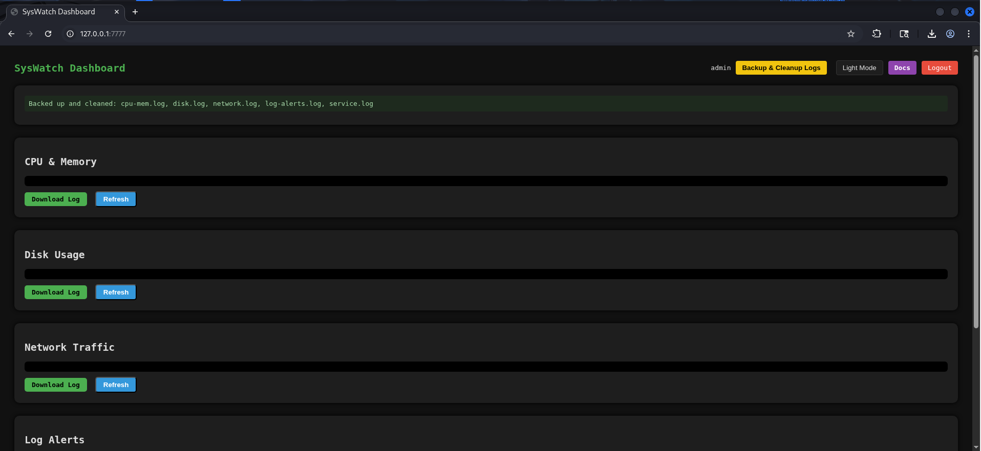 SysWatch dashboard cleanup and backup controls
