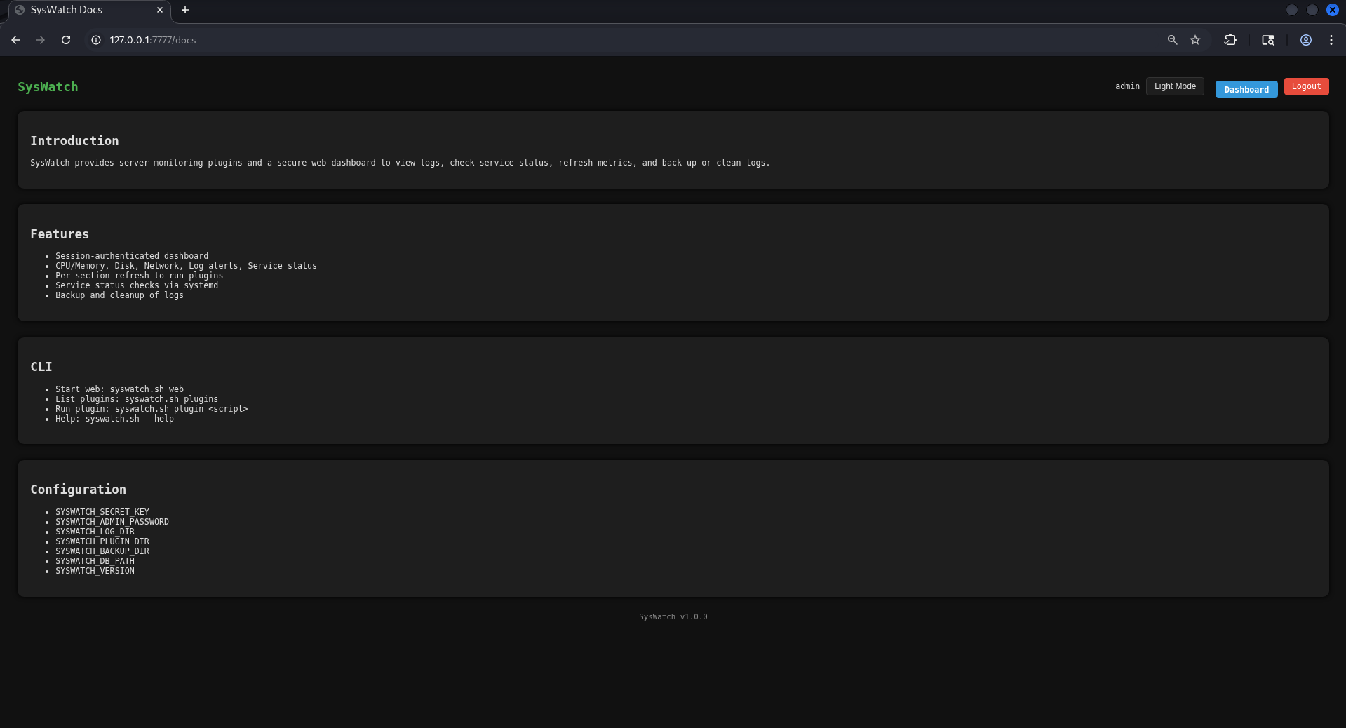 SysWatch documentation page
