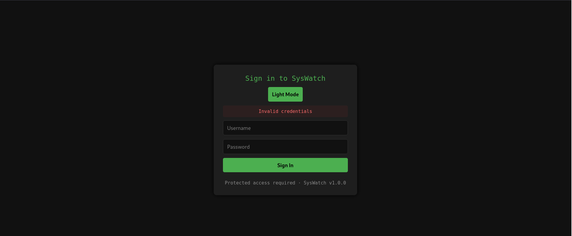 Failed SysWatch login attempt
