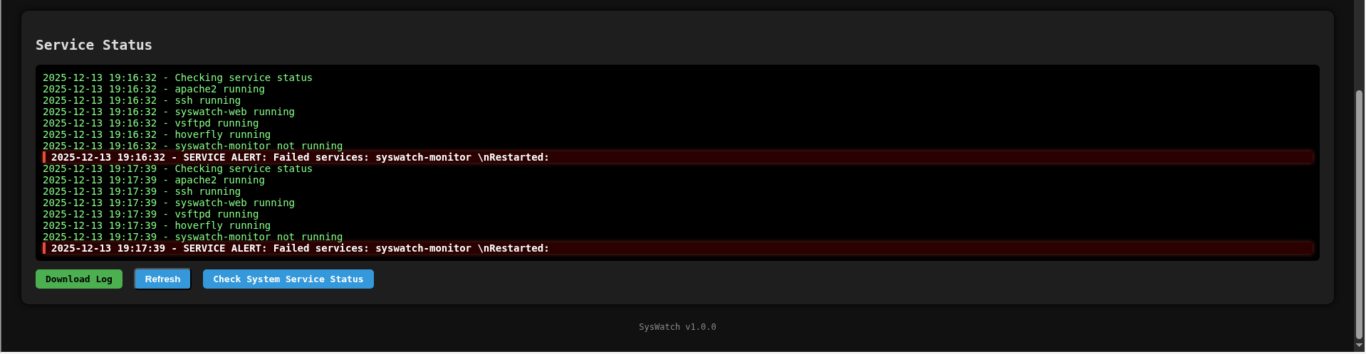 SysWatch Service Status navigation
